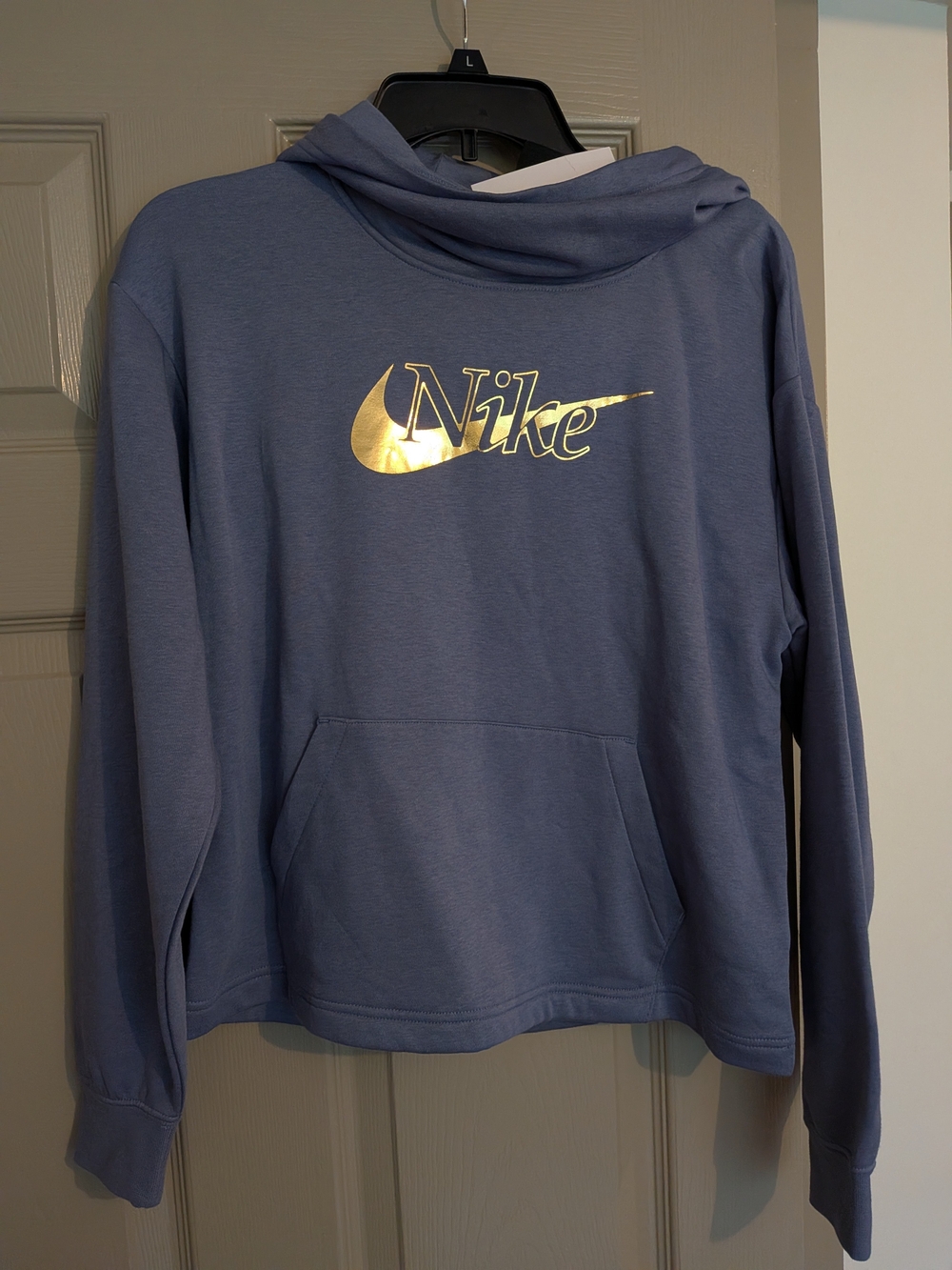 NWT Nike Women's Blue Gray Hoodie with Gold Logo Cowl neck XS